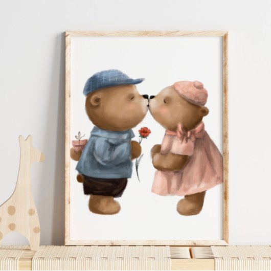 かわいい水彩キスするクマ | クマの壁プリント ポスター