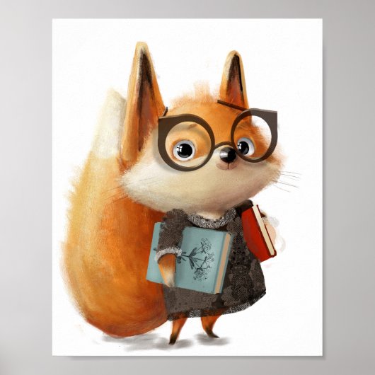かわいい水彩キツネの本の学生 | キツネの壁のプリント ポスター (正面)