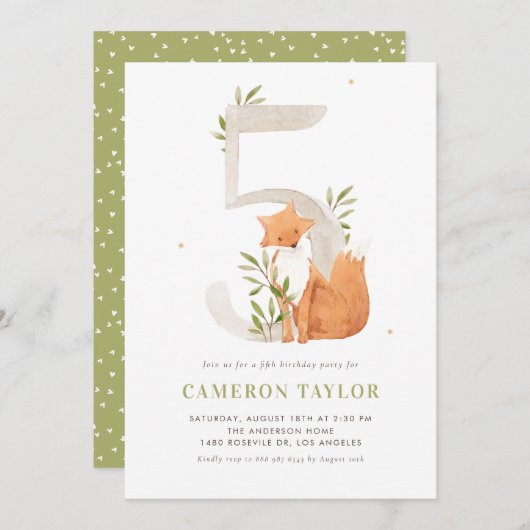 かわいい水彩キツネウッドランド5回目の誕生日パーティー 招待状 (正面/裏面)
