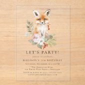 かわいい水彩キツネ冬の誕生日パーティー アクリル招待状 (正面)