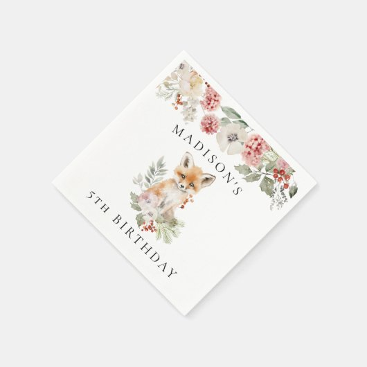 かわいい水彩キツネ誕生日パーティー スタンダードカクテルナプキン (角)