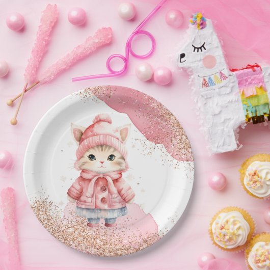 かわいい水彩キティ猫ウィンターコートパーティー ペーパープレート (パーティー)