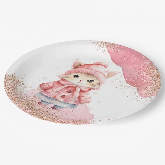 かわいい水彩キティ猫ウィンターコートパーティー ペーパープレート (アングル)