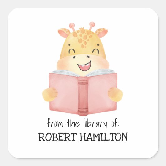 かわいい水彩キリン読の本蔵書票 スクエアシール (正面)