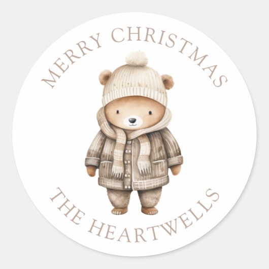 かわいい水彩クマのクリスマスカード ラウンドシール (正面)