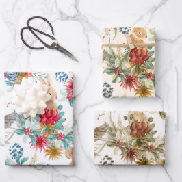 かわいい水彩クリスマスウッドランド動物のパターン ラッピングペーパーシート