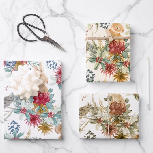 かわいい水彩クリスマスウッドランド動物のパターン ラッピングペーパーシート (正面)