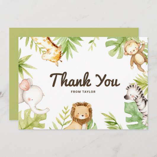 かわいい水彩サファリの友達トロピカルバースデー サンキューカード (正面/裏面)