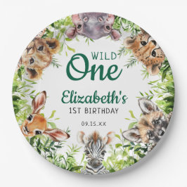 かわいい水彩サファリ動物の1歳の誕生日 ペーパープレート