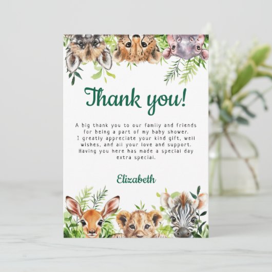 かわいい水彩サファリ動物ベビーシャワー サンキューカード (スタンド正面)