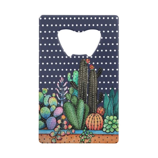 かわいい水彩サボテンの庭インポット クレジットカード栓抜き (正面)