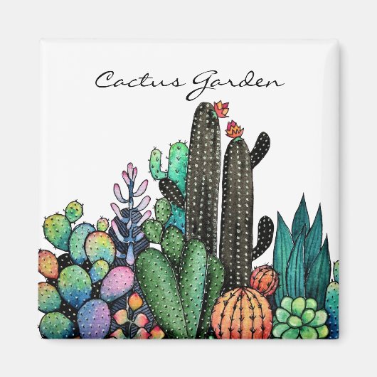 かわいい水彩サボテンの庭インポット マグネット (正面)