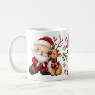 かわいい水彩サンタクロースとトナカイのクリスマス コーヒーマグカップ