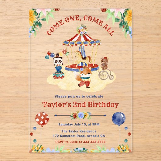 かわいい水彩サーカス カーニバル 子供の誕生日 アクリル招待状 (正面)