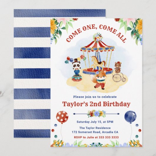 かわいい水彩サーカス カーニバル 子供の誕生日 招待状 (正面/裏面)