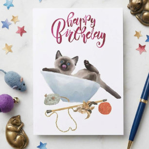 かわいい水彩シャム猫の誕生日 カード