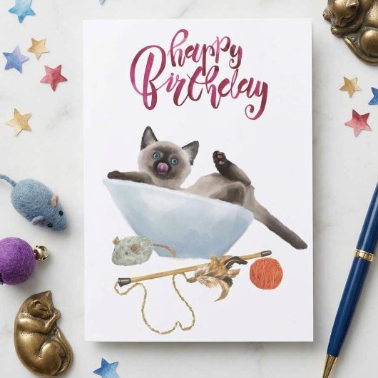 かわいい水彩シャム猫の誕生日 カード