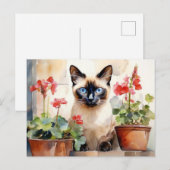 かわいい水彩シャム猫の赤いゼラニウムの花 ポストカード (正面/裏面)