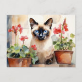 かわいい水彩シャム猫の赤いゼラニウムの花 ポストカード (正面)