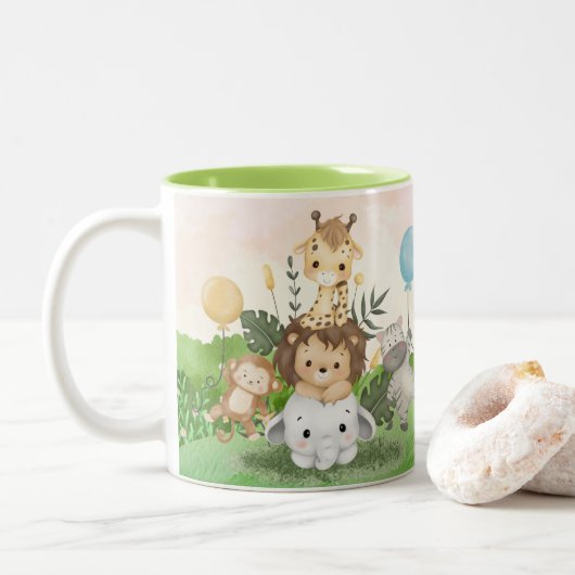 かわいい水彩ジャングルの動物の誕生日 名前入り ツートーンマグカップ (ドーナツ)