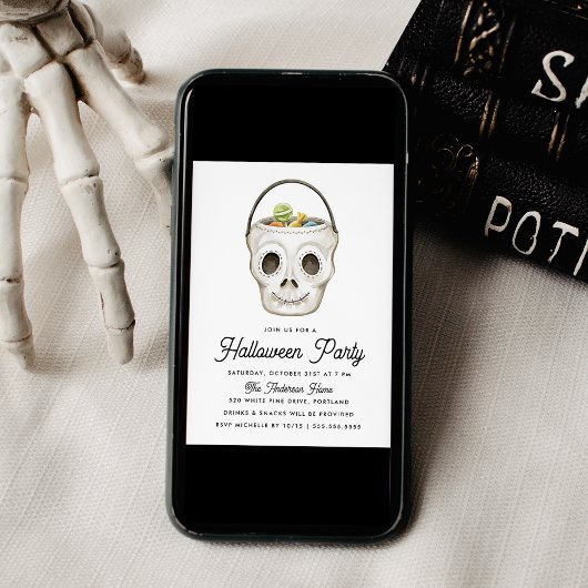 かわいい水彩スカルトリートバケットハローウィンパーティ 招待状