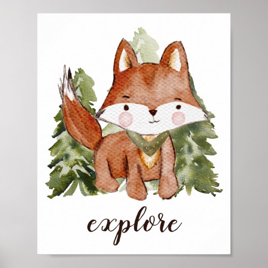 かわいい水彩スタイルキツネと木の文字名 ポスター (正面)
