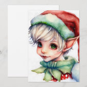 かわいい水彩タッチのクリスマスエルフがサンタ帽をかぶっている シーズンカード (正面/裏面)