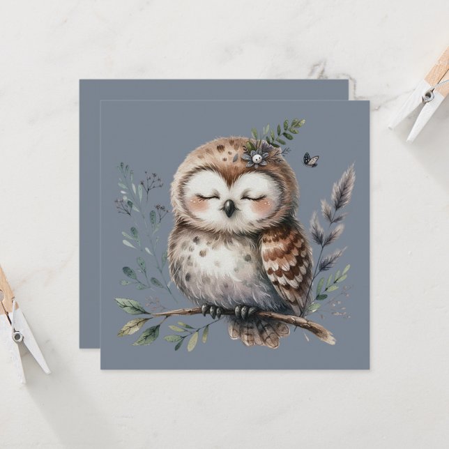 かわいい水彩タッチのフクロウ　～花と木々の森のスタイル～ (正面/裏面インサイチュ)