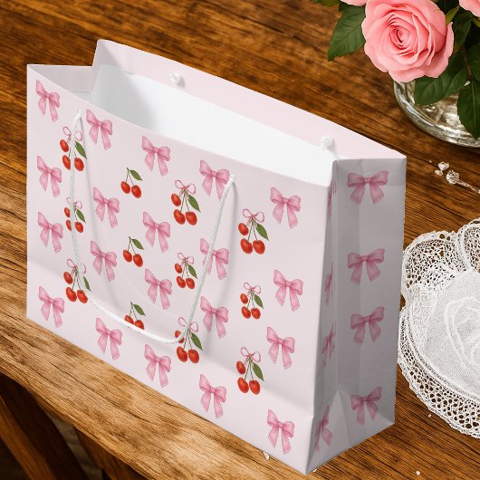 かわいい水彩チェリーボウコケッタパターン ラージペーパーバッグ