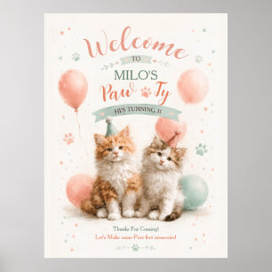 かわいい水彩テクスチャの子猫パーティーの猫の誕生日 ポスター