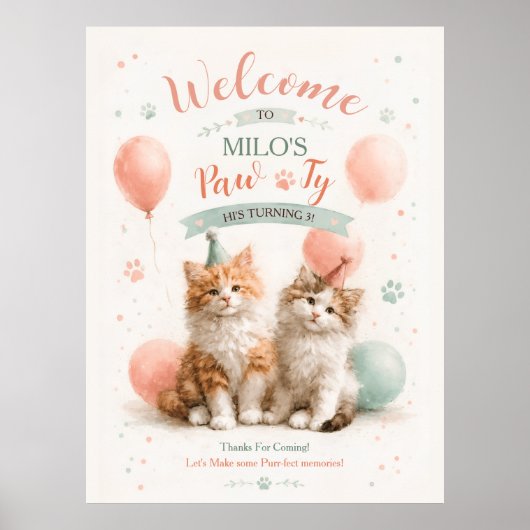 かわいい水彩テクスチャの子猫パーティーの猫の誕生日 ポスター (正面)