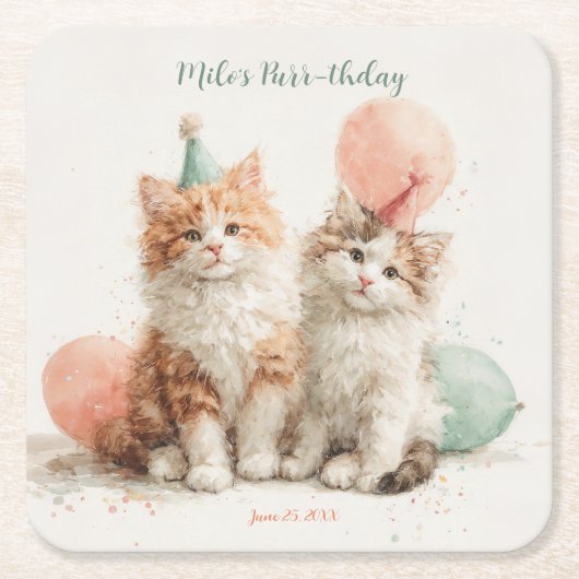 かわいい水彩テクスチャの子猫パーティー 誕生日 スクエアペーパーコースター (正面)