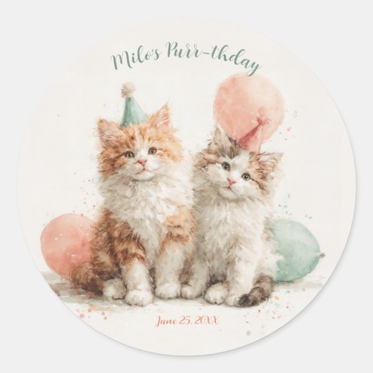 かわいい水彩テクスチャの子猫パーティー 誕生日 ラウンドシール (正面)