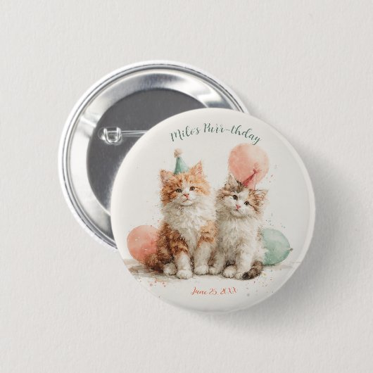 かわいい水彩テクスチャの子猫パーティー 誕生日 缶バッジ (正面&裏面)
