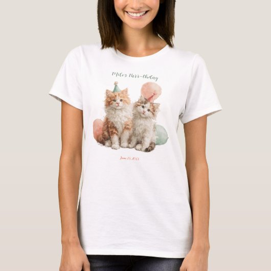 かわいい水彩テクスチャの子猫パーティー 誕生日 Tシャツ (正面)