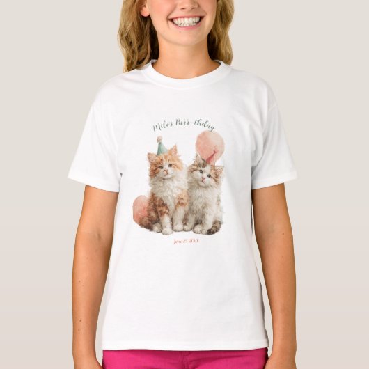 かわいい水彩テクスチャの子猫パーティー 誕生日 Tシャツ (正面)