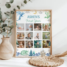 かわいい水彩ドラゴン1歳写真マイルストーン ポスター