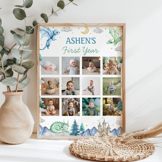 かわいい水彩ドラゴン1歳写真マイルストーン ポスター