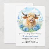 かわいい水彩ハイランド牛の至福の男の子ベビーシャワー 招待状 (正面/裏面)