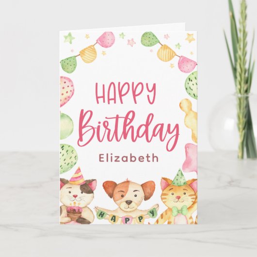 かわいい水彩ハッピーバースデー動物パーティー子 カード (正面)