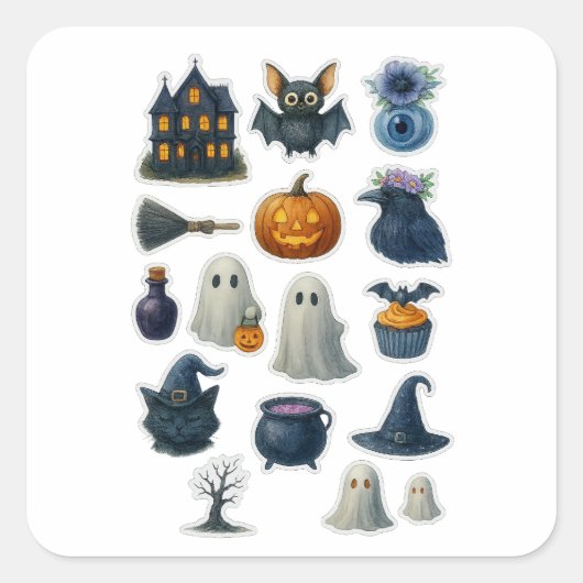 かわいい水彩ハロウィンステッカーシート スクエアシール (正面)
