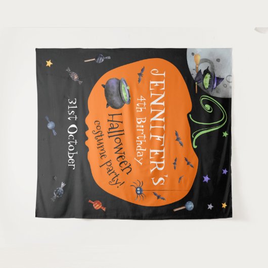 かわいい水彩ハロウィン子供写真背景 タペストリー (正面(横))