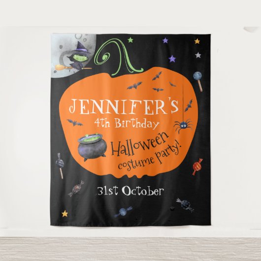 かわいい水彩ハロウィン子供写真背景 タペストリー (正面)