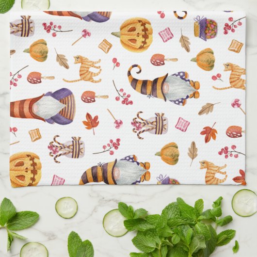 かわいい水彩ハロウィーン格言、カボチャと猫 キッチンタオル (折り畳み)