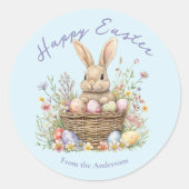 かわいい水彩バニーとイースター卵のフローラ写真 ラウンドシール (正面)