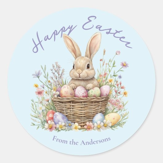 かわいい水彩バニーとイースター卵のフローラ写真 ラウンドシール (正面)