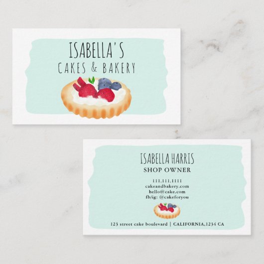 かわいい水彩パイベーカリーのスクリプトブルー 名刺 (正面/裏面)
