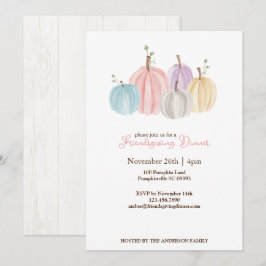 かわいい水彩パステルカラーのカボチャの感謝祭 招待状