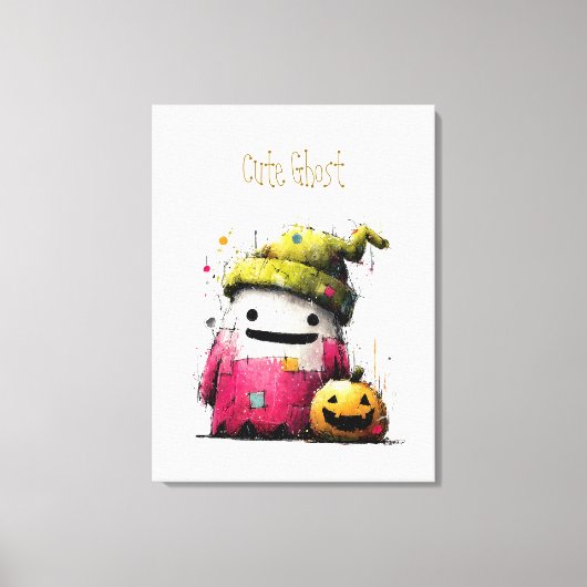 かわいい水彩パッチワークの幽霊のハロウィン キャンバスプリント (正面)