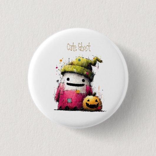 かわいい水彩パッチワークの幽霊のハロウィン 缶バッジ (正面)
